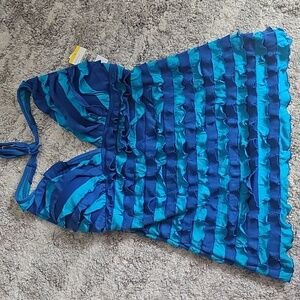 Perry Ellis Women's Halter Tankini Blue/Aqua Blue Ruffle Swimsuit Top